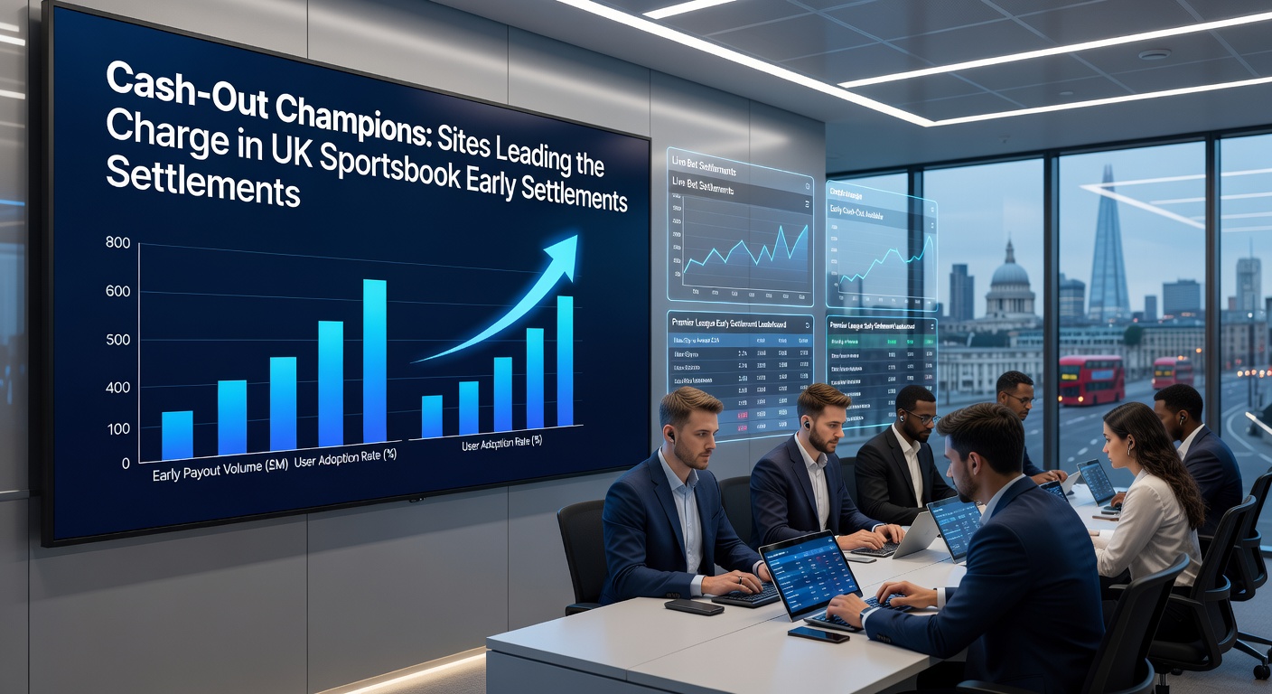 Vibrant stadium scene with bettors on mobile devices securing early wins amid a live football match, highlighting cash-out excitement