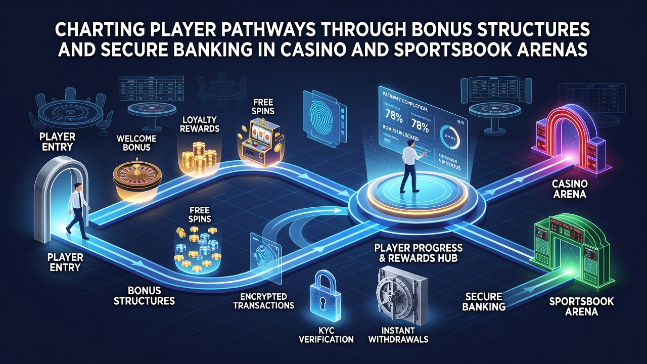 Illustration of player pathways connecting bonus structures with secure banking systems in online casinos and sportsbooks