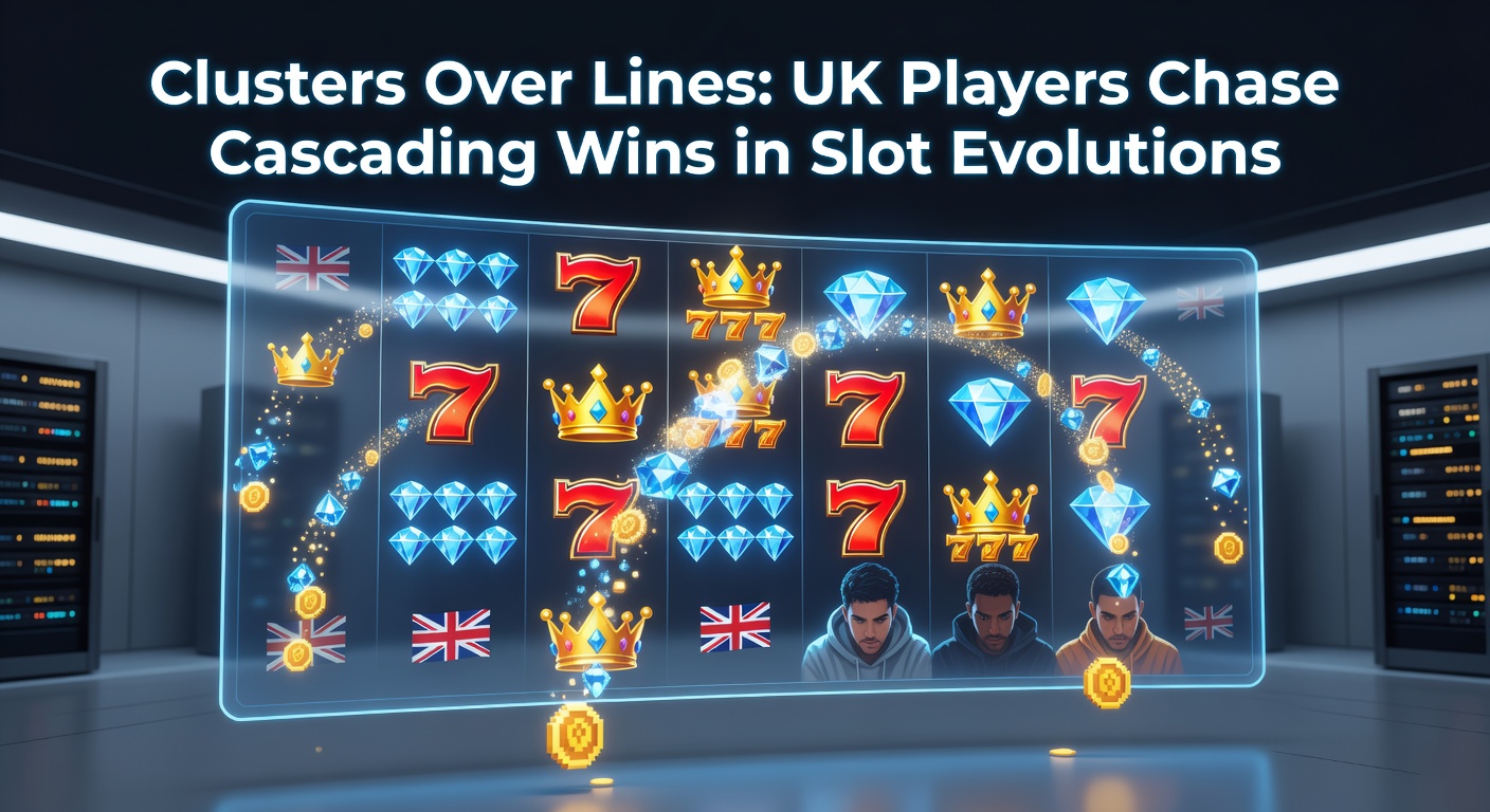 Vibrant slot screen showing cascading symbols forming clusters for chain reaction wins, highlighting the shift from linear paylines