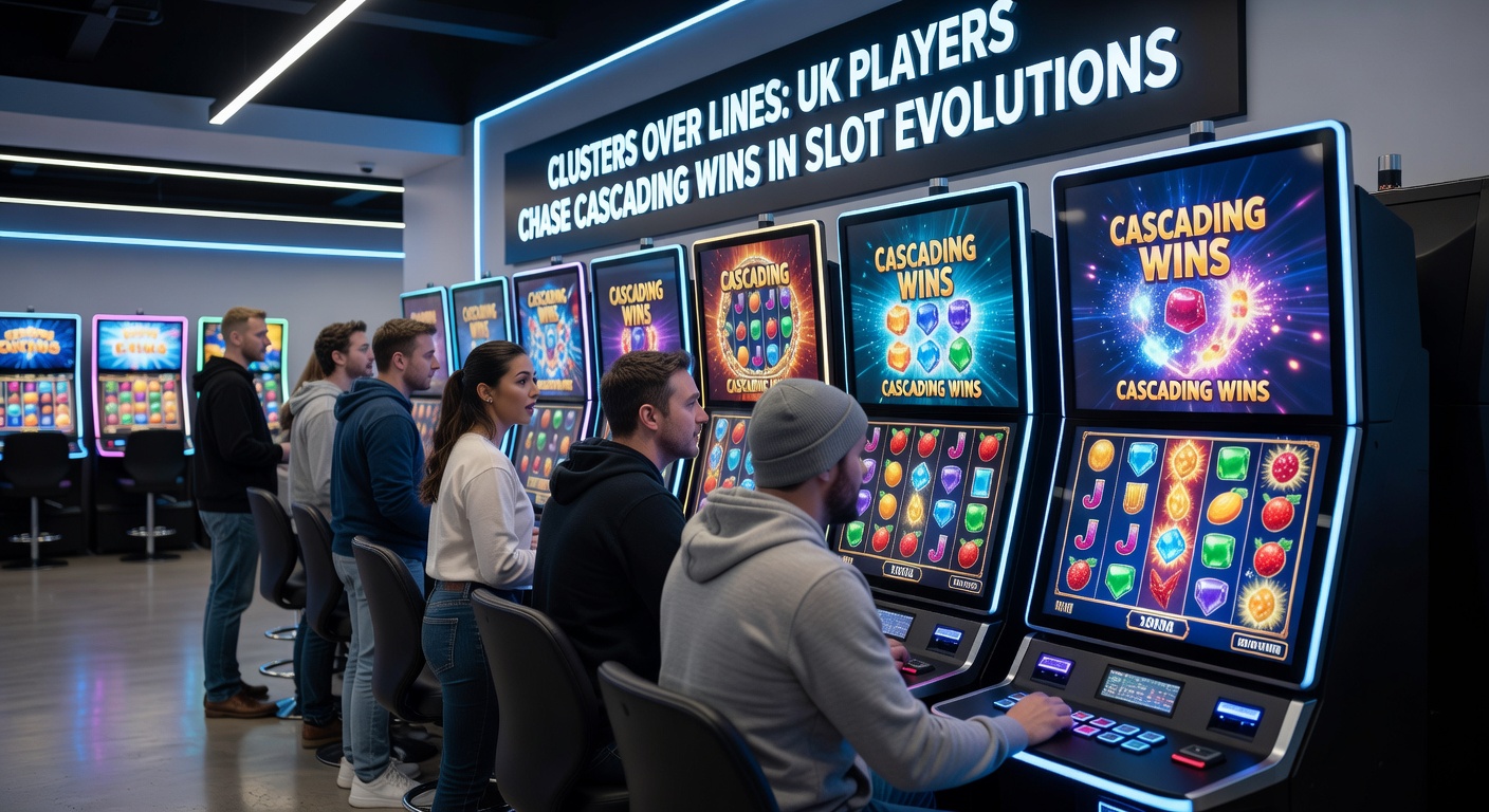 Animated cascade sequence on a cluster slot grid, with exploding symbols and multipliers building toward a jackpot payout