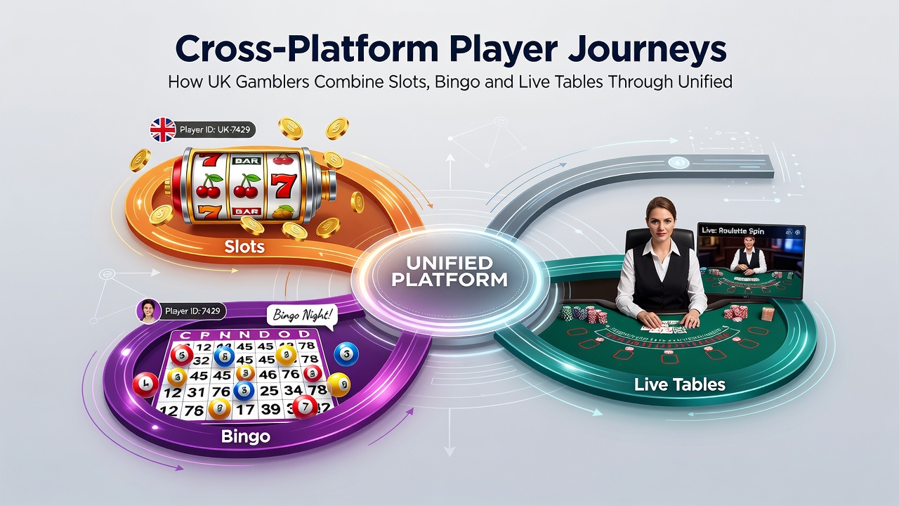 Mobile screen displaying seamless transitions between bingo, slots, and live dealer tables in a single app