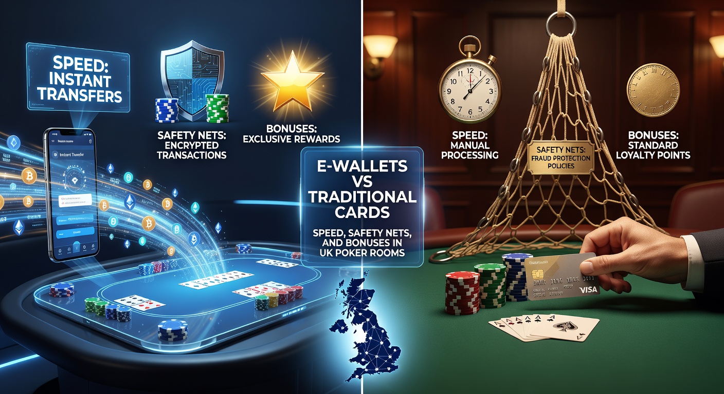 Digital e-wallet interface displaying quick poker deposit options alongside a traditional debit card, highlighting speed and security icons in a vibrant online poker room setting