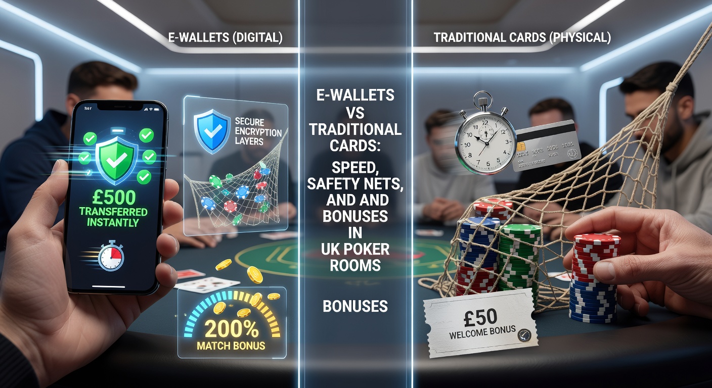 Close-up comparison of e-wallet security layers like two-factor authentication versus a debit card with chip and PIN, set against a poker table graphic emphasizing fraud protection in UK online gaming