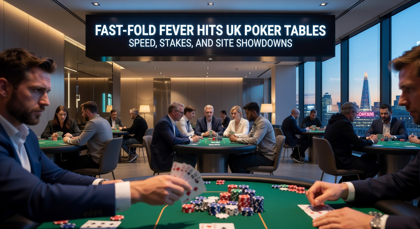 Dynamic image of fast-fold poker action on digital screens, showing blurred cards and rapid table switches amid high-energy UK player sessions