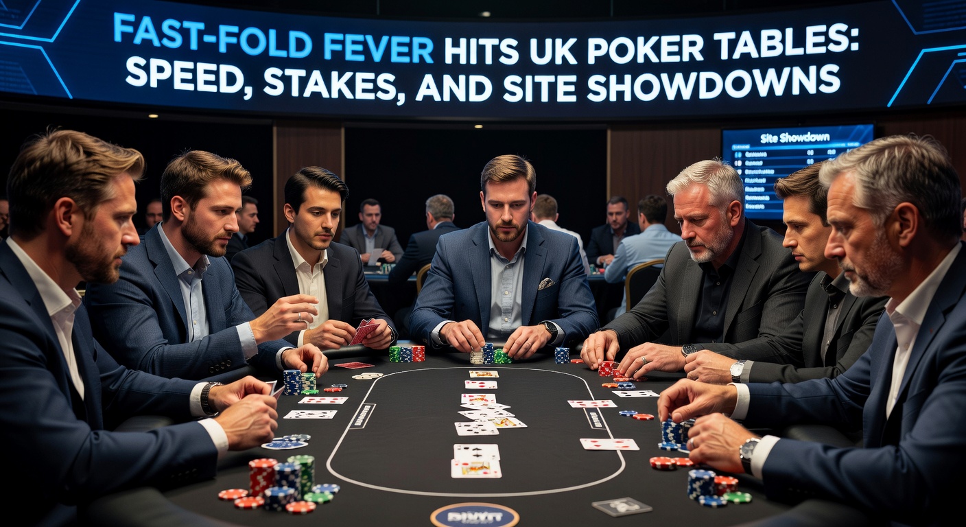 Close-up of poker chips stacking high on a virtual fast-fold table, illustrating escalating stakes in UK online poker amid intense showdowns
