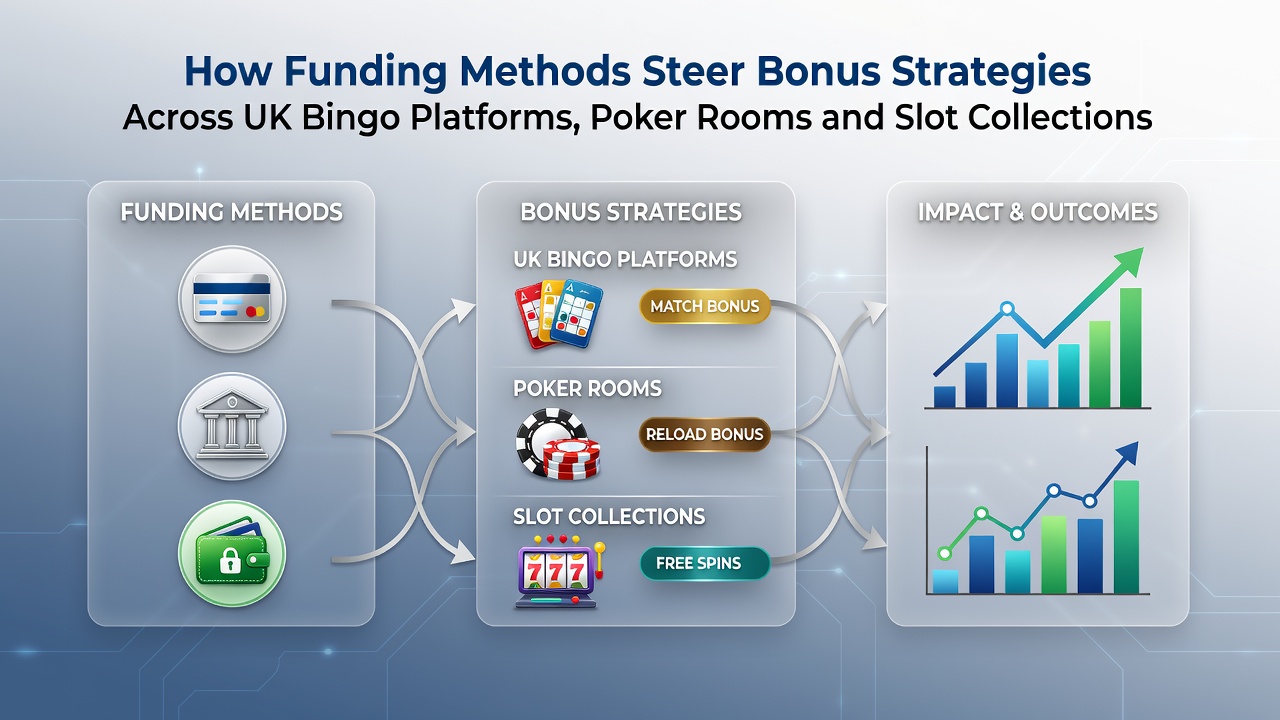 Illustration showing various UK payment methods like e-wallets, cards and bank transfers influencing bonus offers on bingo, poker and slots platforms