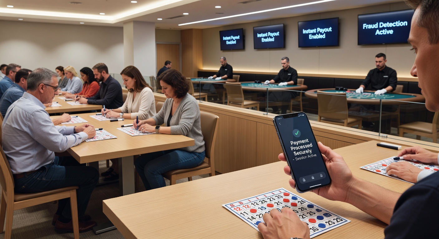 Digital payment interfaces displayed on gaming terminals at a live casino table and bingo hall, highlighting secure transaction flows