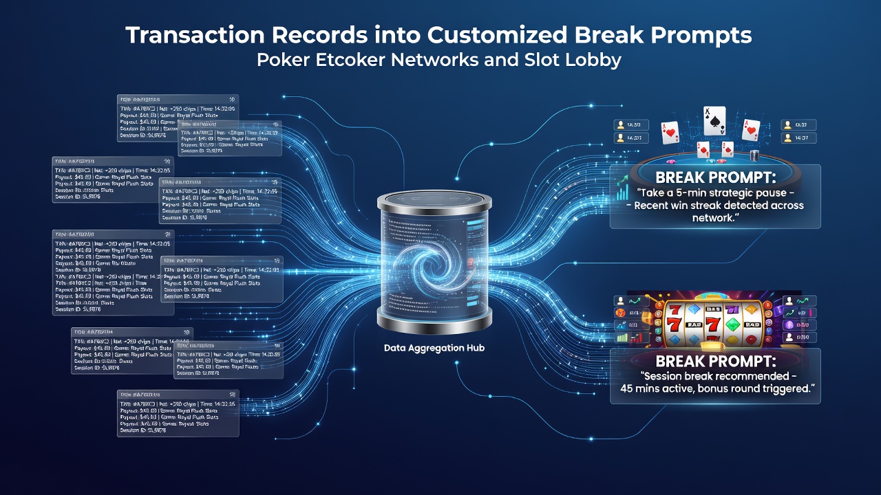 Diagram showing transaction data flowing into customized break prompt systems on poker and slot platforms