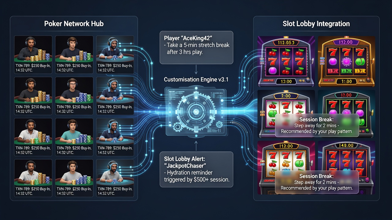 Illustration of slot lobby interface displaying a personalized break prompt derived from transaction history