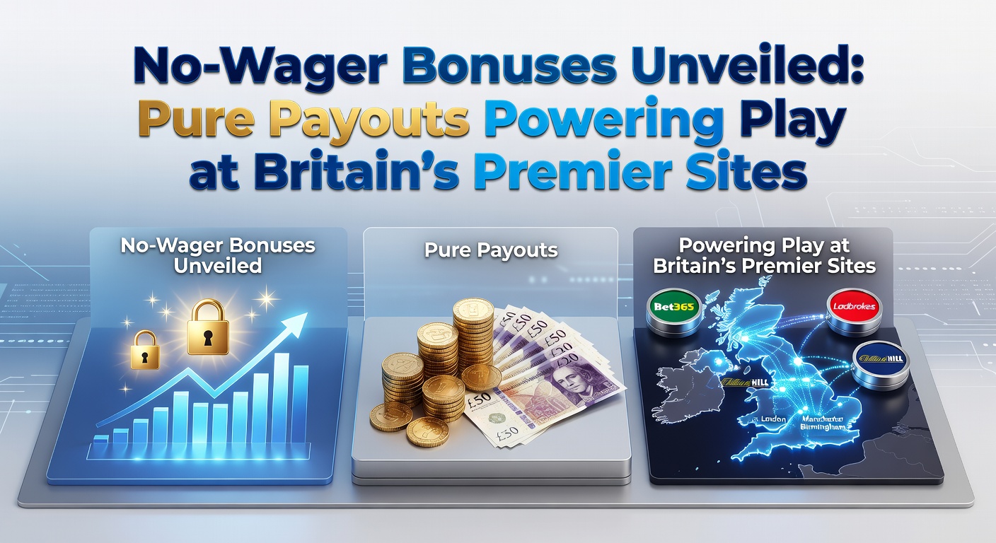 Vibrant casino interface displaying a no-wager bonus offer with instant payout icons and slot reels spinning in the background