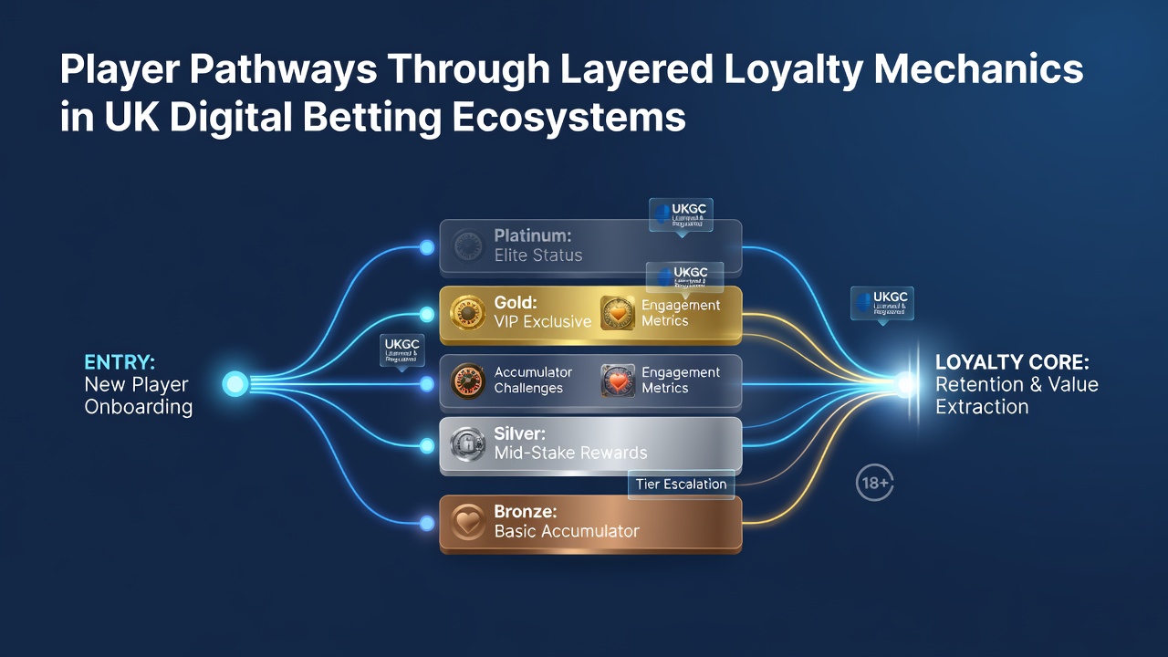 Illustration of tiered loyalty levels in a UK betting app interface showing progression from bronze to platinum status