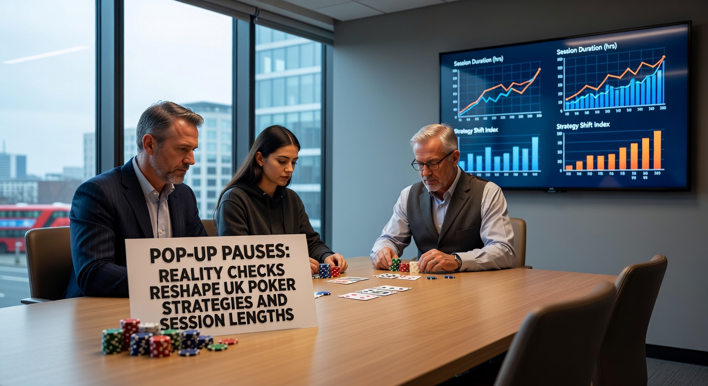 Online poker interface displaying a reality check pop-up reminding player of session time and spend