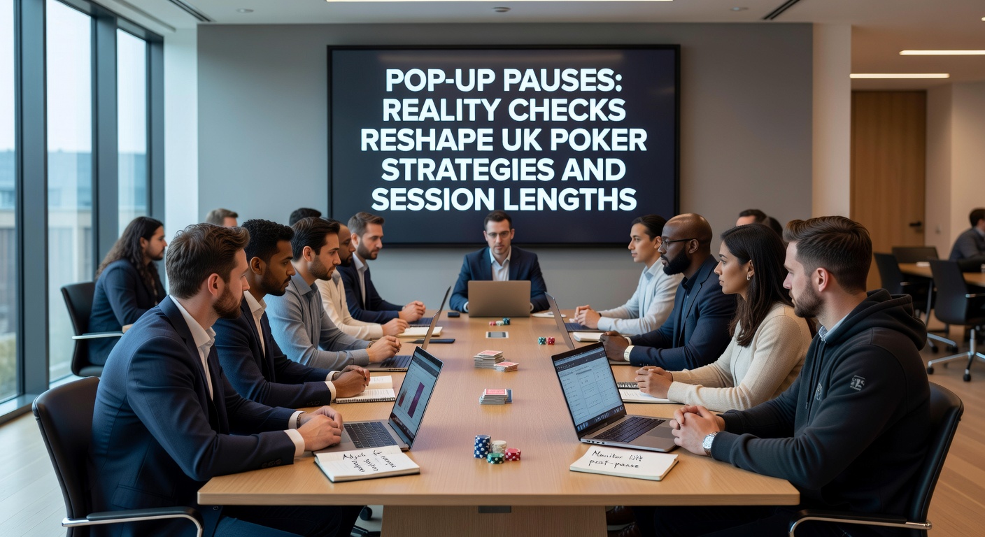 Graph showing declining average poker session lengths in UK from 2024 to March 2026 with reality check implementation