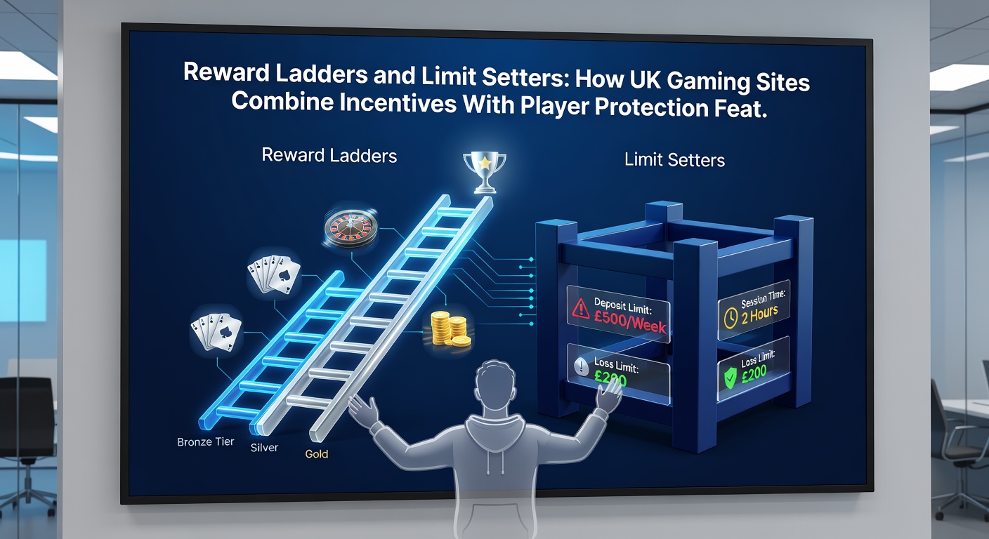Split screen view of a UK casino app displaying VIP ladder tiers on one side and customizable limit setter controls on the other