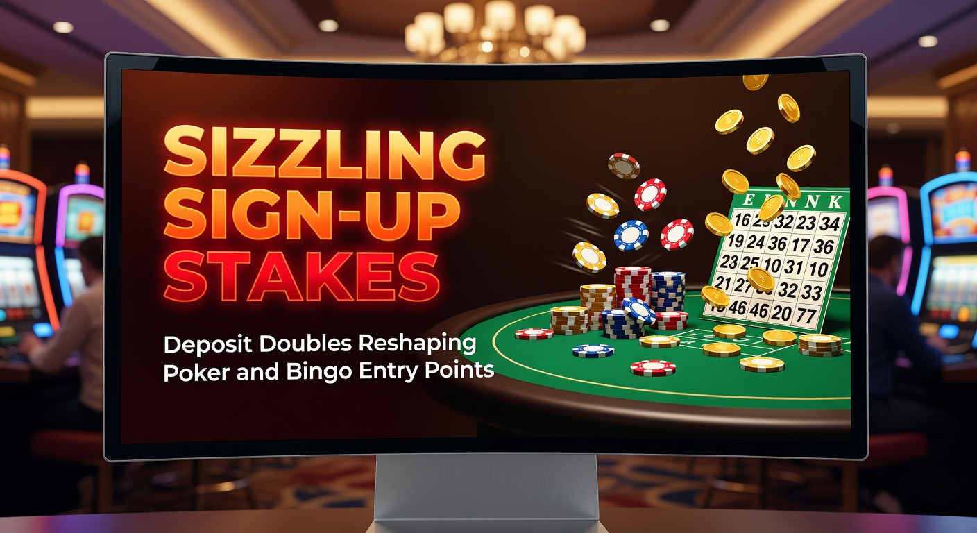 Vibrant poker table scene overlaid with bingo cards and glowing deposit double bonus icons, capturing the excitement of matched stakes entry
