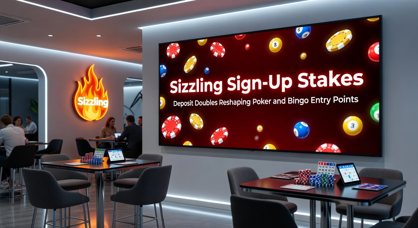 Dynamic split-view of a bingo hall crowd cheering wins alongside a poker showdown, with deposit double promotions highlighted in fiery graphics