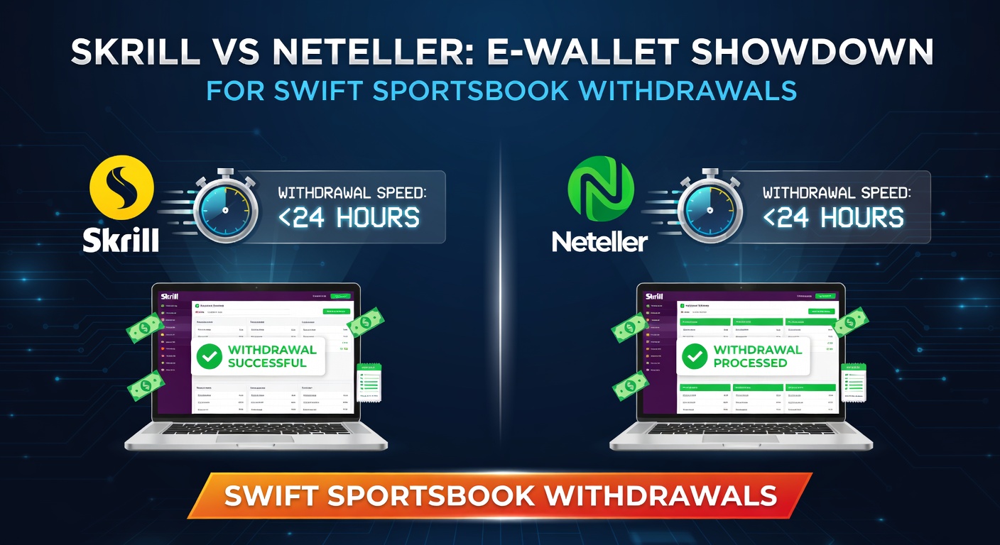 Comparison chart showing Skrill and Neteller fees, withdrawal limits, and processing times for sportsbooks, with icons for currency options