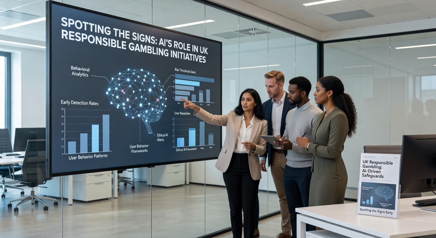 Close-up of AI interface screening gambling session data, with glowing risk alerts and behavioral graphs overlayed on a virtual betting screen