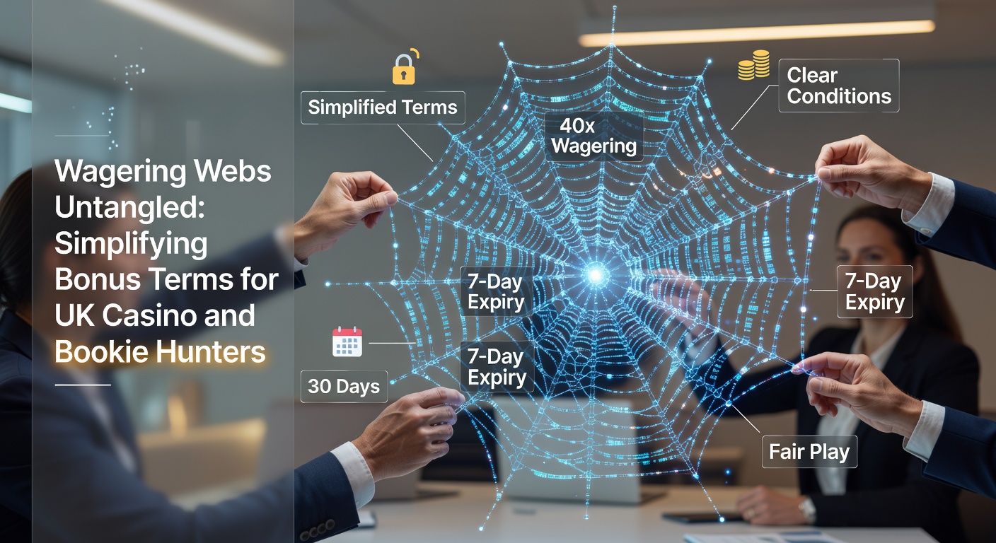 Illustration of tangled webs unraveling into clear paths, symbolizing simplified bonus terms in online gambling